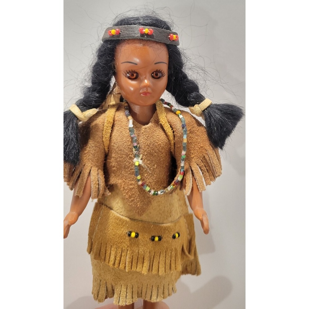Native American Doll 7.5" Sleepy Eyes with Baby Handmade Leather Dress Vintage